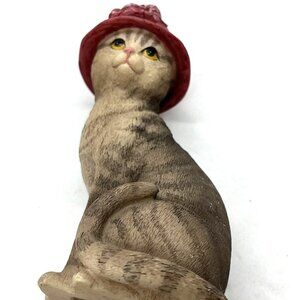 Island Creek Accents Missy Resin Tabby Cat Figurine Red Hat Signed